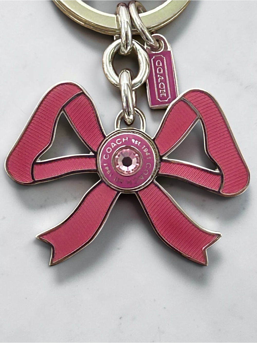 COACH Enameled Ribbon w/Pink Crystal Bag Charm Keyring